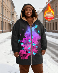 Women's Black Base Purple Blue Butterfly Printed Velvet Thickened Long Hooded Coat