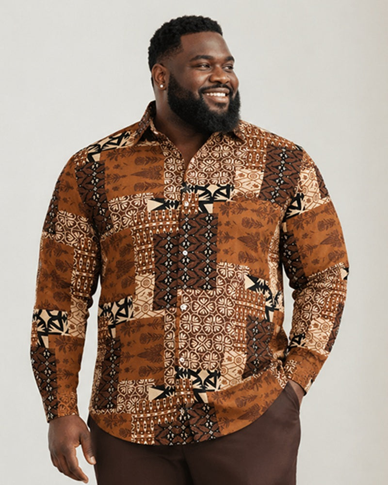 Big & Tall Men's Retro Brown Ethnic Geometric Print Long Sleeve Shirt Pants Set