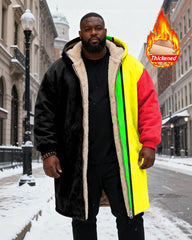 Big & Tall Men's Black, Yellow, Green And Red Contrast Stitching Printed Velvet Padded Long Hooded Coat