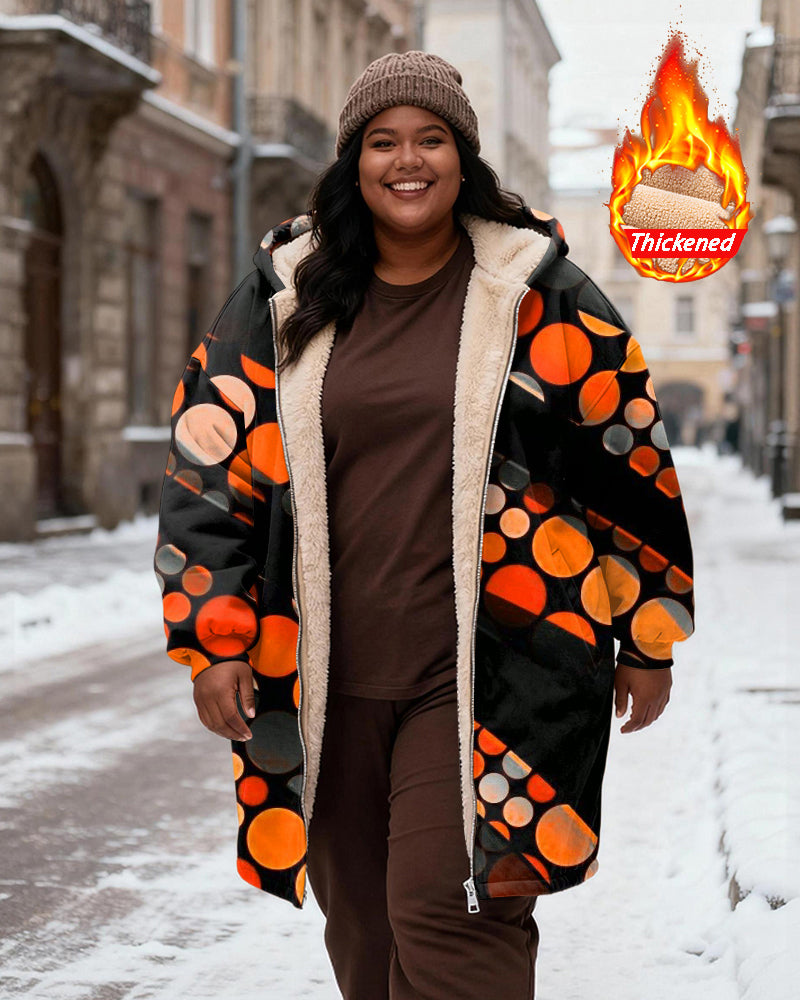 Women's Black Orange Grey Dot Print Velvet Thickened Long Hooded Coat