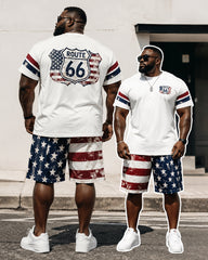 Big & Tall Men's Distressed Flag Road 66 Printed Crew Neck Short Sleeve T-shirt Shorts Set