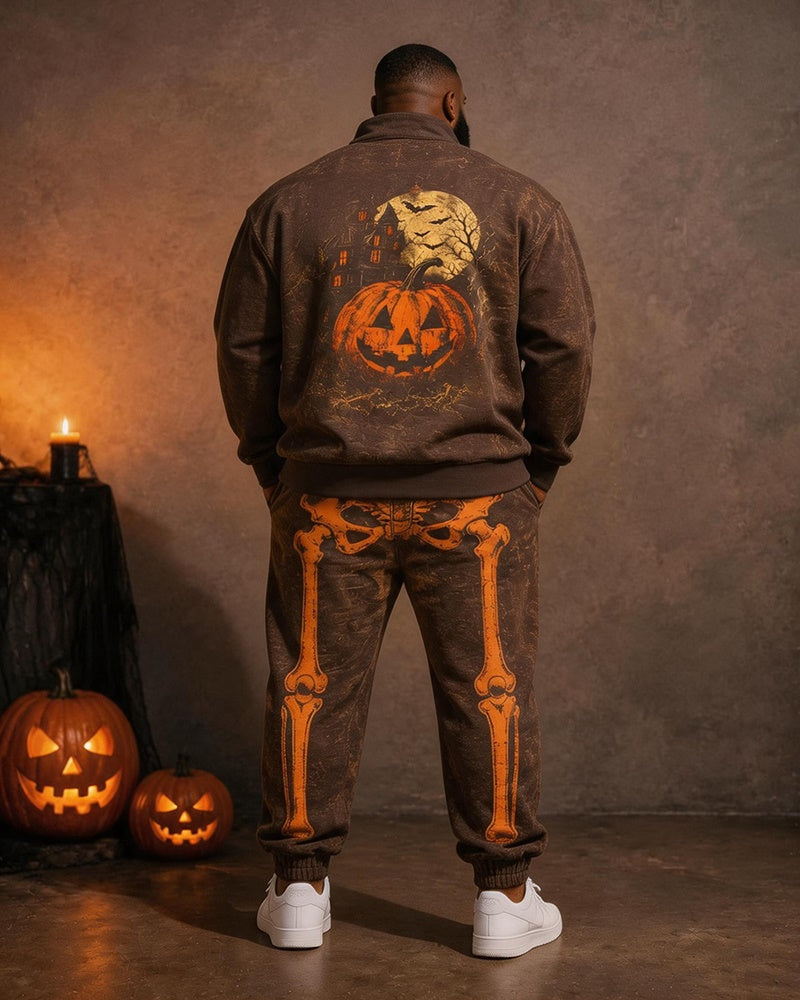 Big & Tall Men's Retro Distressed Pumpkin Skull Skeleton Printed Half Zipper Sweater Set