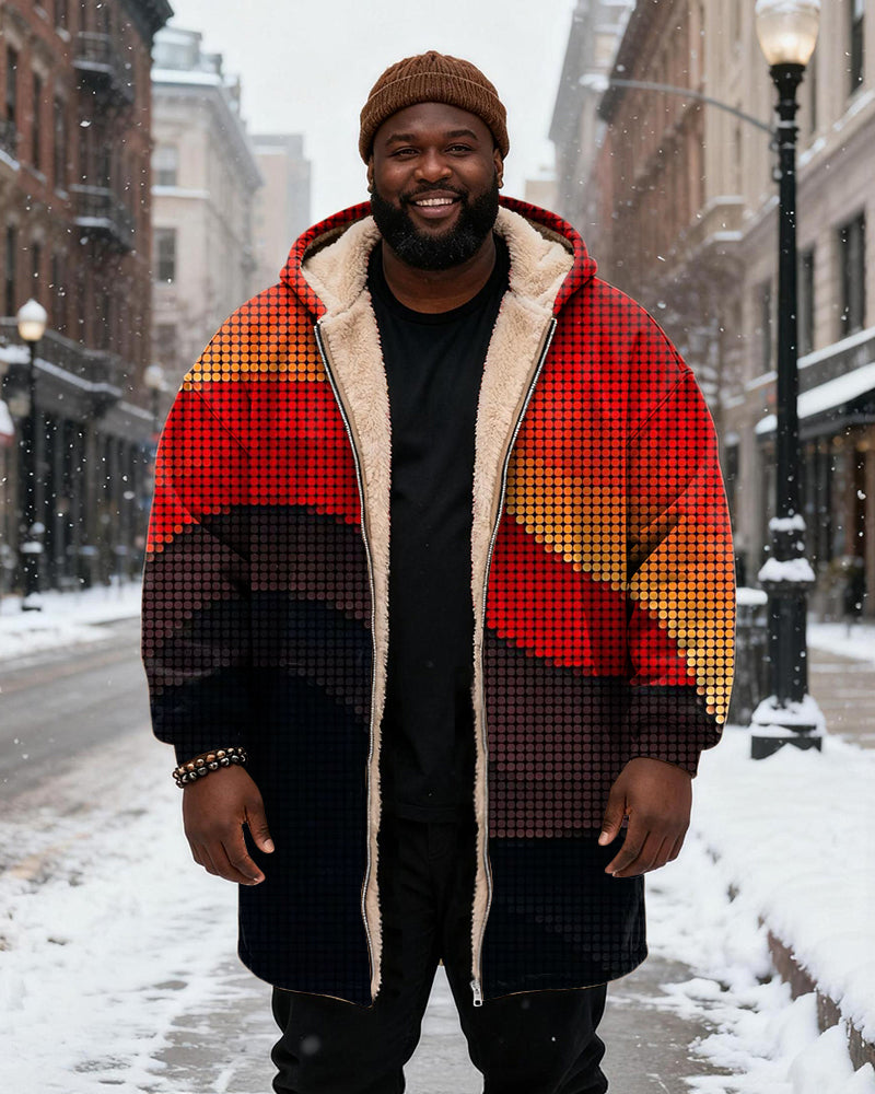 Big & Tall Men's Red Orange Brown Black Pixel Wind Contrast Color Printing Velvet Thickened Long Hooded Coat