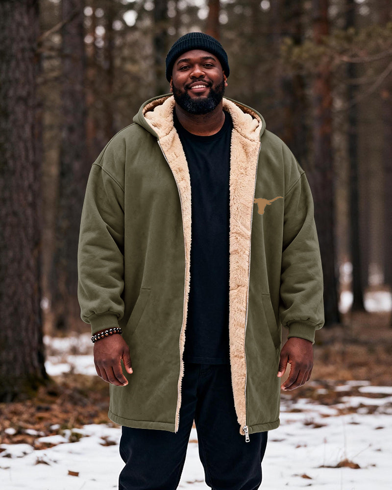 Big & Tall Men's Hunting Style Bull Totem Print Velvet Thickened Long Hooded Coat