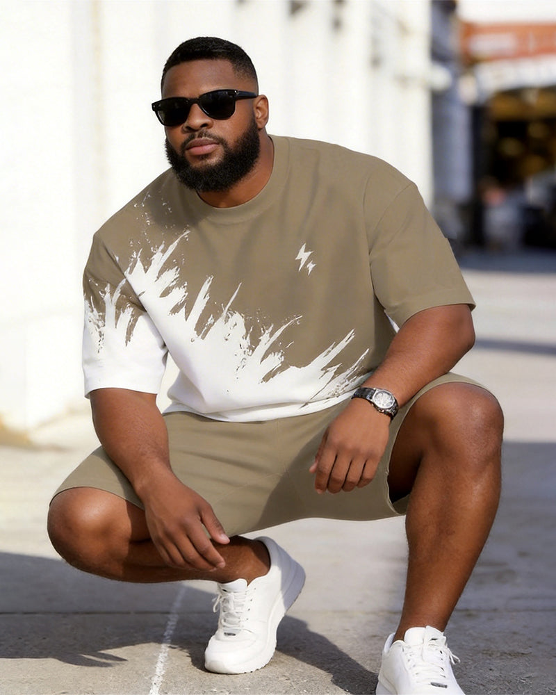 Big & Tall Men's Khaki White Splash Ink Lightning Print Round Neck Short Sleeve T-shirt Shorts Set