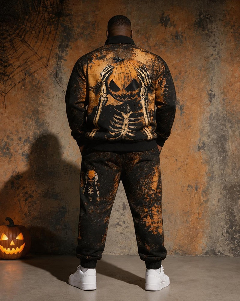 Big & Tall Men's Skull Pumpkin Print Half-Zip Sweat Set