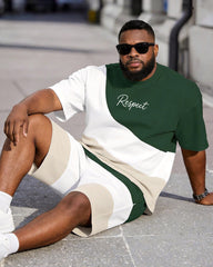 Big & Tall Men's Green And White Card And Its Oblique Spelling Respect Letter Printed Crew Neck Short Sleeve T-shirt Shorts Set