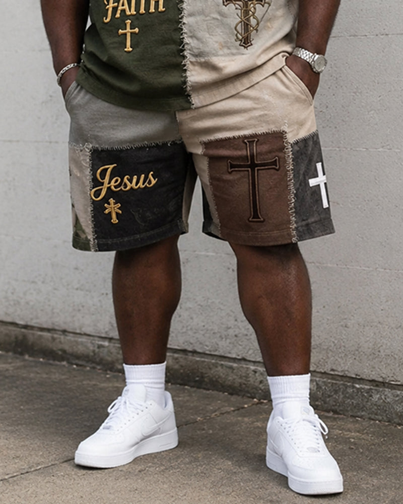 Big & Tall Men's Retro Distressed Stitching Cross JESUS FAITH Printed Crew Neck Short Sleeve T-shirt Shorts Set