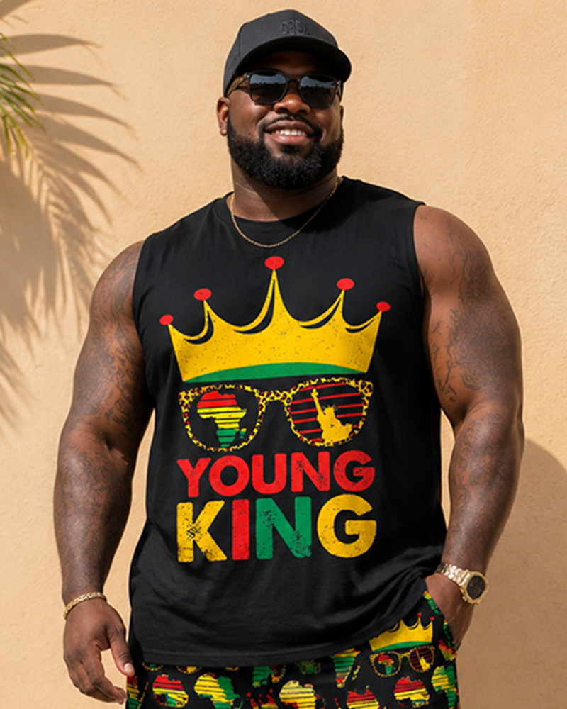 Big & Tall Men's Reggae Crown Sunglasses YOUNG KING Letter Print Vest Shorts Set