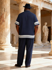 Big & Tall Men's Navy Blue Wavy Print Short Sleeve Shirt Trousers Set