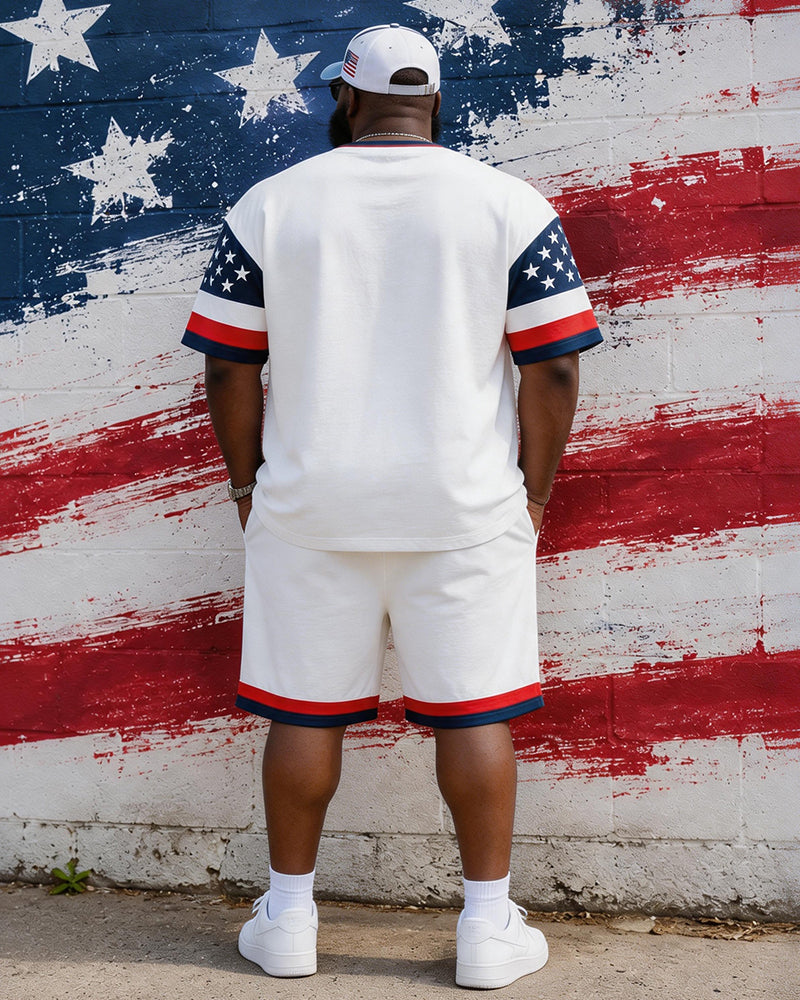 Big & Tall Men's Red, White And Blue Contrast Flag Wine Glass Printed Crewneck Short Sleeve T-Shirt Shorts Set