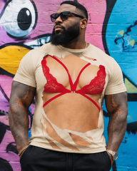 Big & Tall Men's Red Lace Underwear Tear 3D Fun Printed Round Neck Short Sleeve T-Shirt