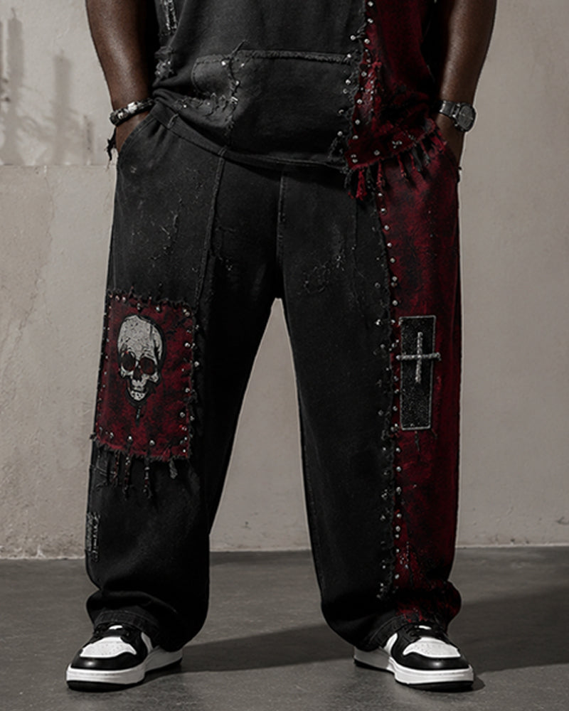 Big & Tall Men's Black And Red Stitching Rivet Skull Cross Printed T-Shirt Pants Set
