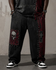 Big & Tall Men's Black And Red Stitching Rivet Skull Cross Printed T-Shirt Pants Set