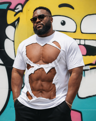 Big & Tall Men's Fake Hole Tear Realistic Abs Stereo Fun Printed Round Neck Short Sleeve T-shirt