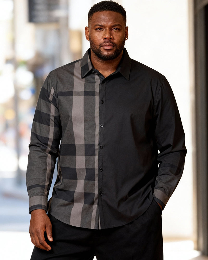 Big & Tall Men's Black And Gray Stitching Check Print Long Sleeve Shirt