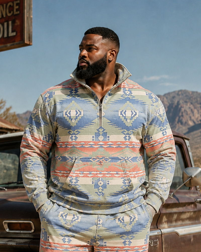Big & Tall Men's Retro Western Diamond Totem Print Half Zip Sweatshirt Set