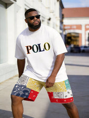 Big & Tall Men's Color Letters Cashew Flower Color-matching Printed Round Neck Short Sleeve T-Shirt Shorts Set