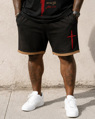 Big & Tall Men's Contrast Red Cross Scripture Printed Round Neck Short Sleeve T-Shirt Shorts Set