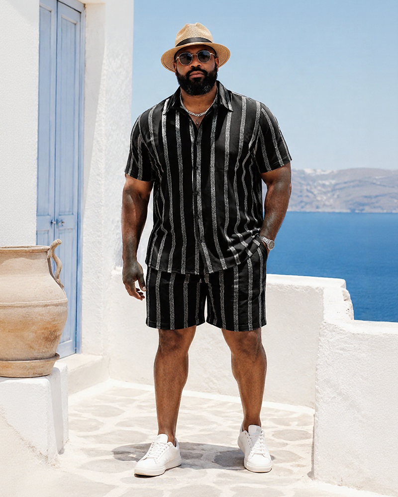 Big & Tall Men's Black Silver Flash Vertical Stripes Printed Short Sleeve Shirt Shorts Set