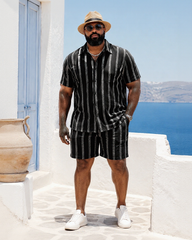 Big & Tall Men's Black Silver Flash Vertical Stripes Printed Short Sleeve Shirt Shorts Set