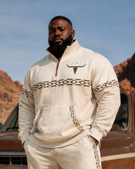 Big & Tall Men's Retro Rice White Cow's Head Printed Half Zipper Sweater Set