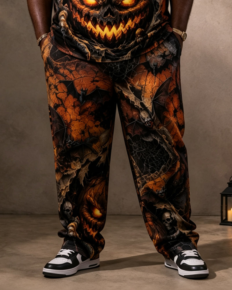 Big & Tall Men's Horror Pumpkin Bat Print T-Shirt Pants Set