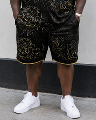 Big & Tall Men's Line Rose Dark Cross Printed Crewneck Short Sleeve T-Shirt Shorts Set