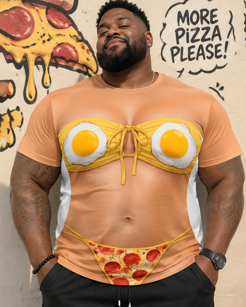 Big & Tall Men's Omelette Bikini Pizza Panties Fun Printed Round Neck Short Sleeve T-Shirt