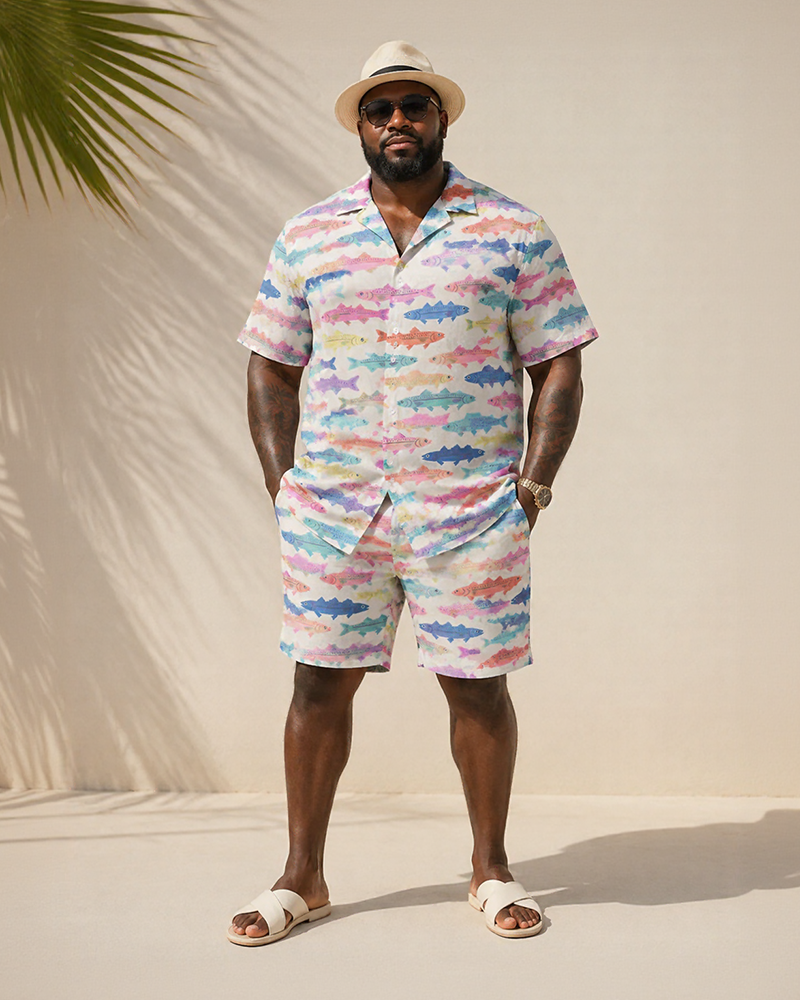 Big & Tall Men's Colorful Small Fish Print Short Sleeve Shirt Shorts Set
