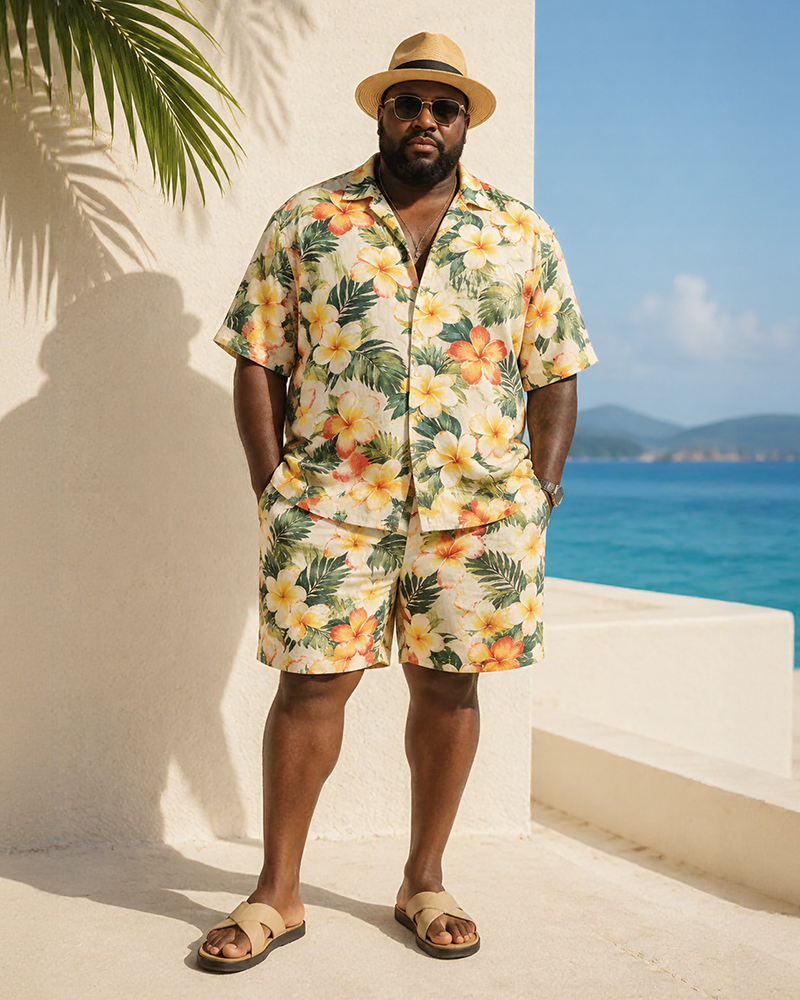 Big & Tall Men's Egg Flower Tropical Floral Print Short Sleeve Shirt Shorts Set
