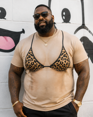 Big & Tall Men's Khaki Bottom Leopard Sling Bikini Fun Printed Round Neck Short Sleeve T-Shirt