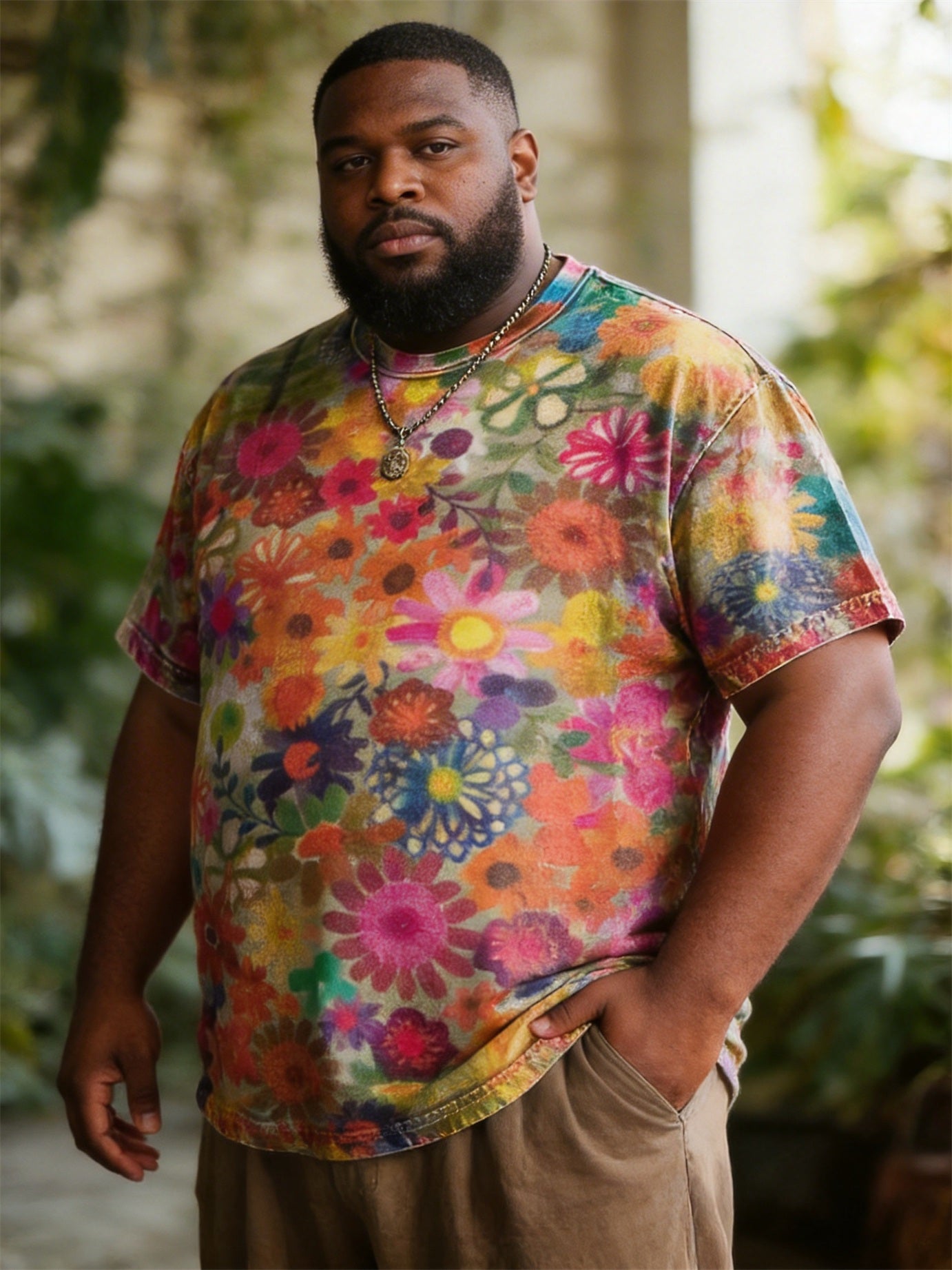 Big & Tall Men's Colorful Floral Print Round Neck Short Sleeve T-Shirt