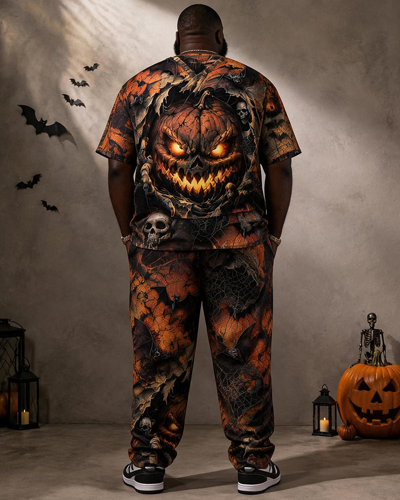 Big & Tall Men's Horror Pumpkin Bat Print T-Shirt Pants Set