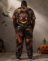 Big & Tall Men's Horror Pumpkin Bat Print T-Shirt Pants Set