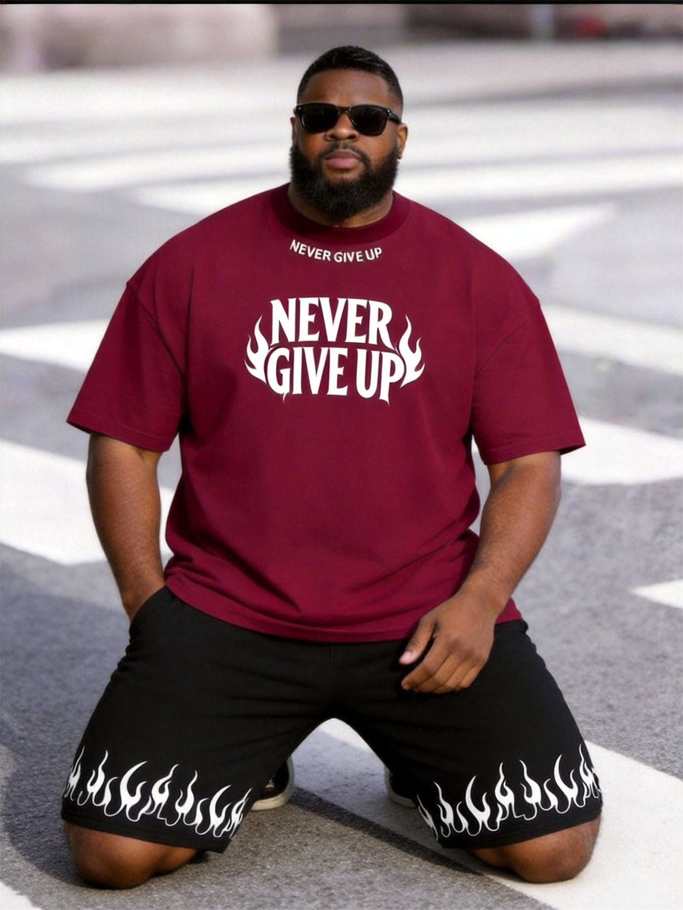 Big & Tall Men's Flame Letter NEVER GIVE UP Printed Round Neck Short Sleeve T-Shirt Shorts Set