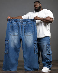 4XL-9XL Plus Size Men's Washed White Multi-Pocket Tooling Staggable Waist Denim Pants