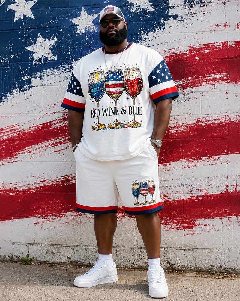 Big & Tall Men's Red, White And Blue Contrast Flag Wine Glass Printed Crewneck Short Sleeve T-Shirt Shorts Set