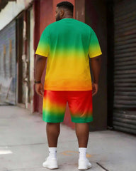 Big & Tall Men's Reggae Color Crown K Gradient Printed Crewneck Short Sleeve T-Shirt Shorts Set