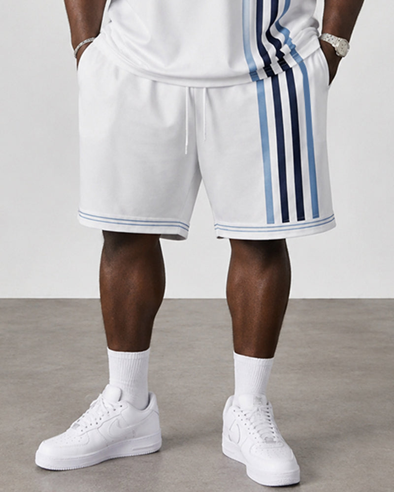 Big & Tall Men's Vertical Stripe Stitching Hanging Printed Crewneck Short Sleeve T-shirt Shorts Set