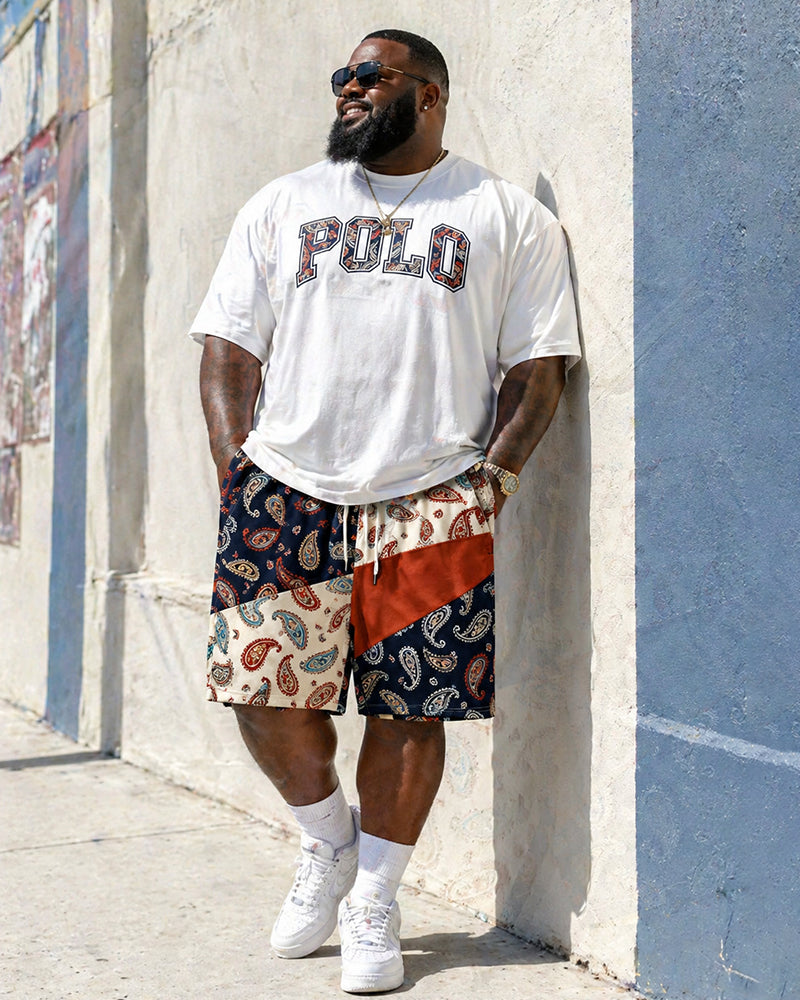 Big & Tall Men's Vintage Cashew Flower POLO Letter Printed Round Neck Short Sleeve T-Shirt Shorts Set