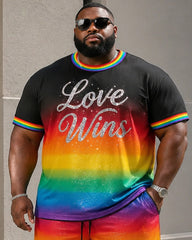 Big & Tall Men's Black Base Gradient Rainbow Love Wins Glitter Printed Round Neck Short Sleeve T-Shirt Shorts Set