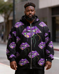 Big & Tall Men's Sparkling Purple-Lip Print Zip Hoodie