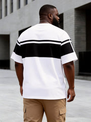 Big & Tall Men's Black And White Contrast Printed Henry Collar Button Short Sleeve T-Shirt