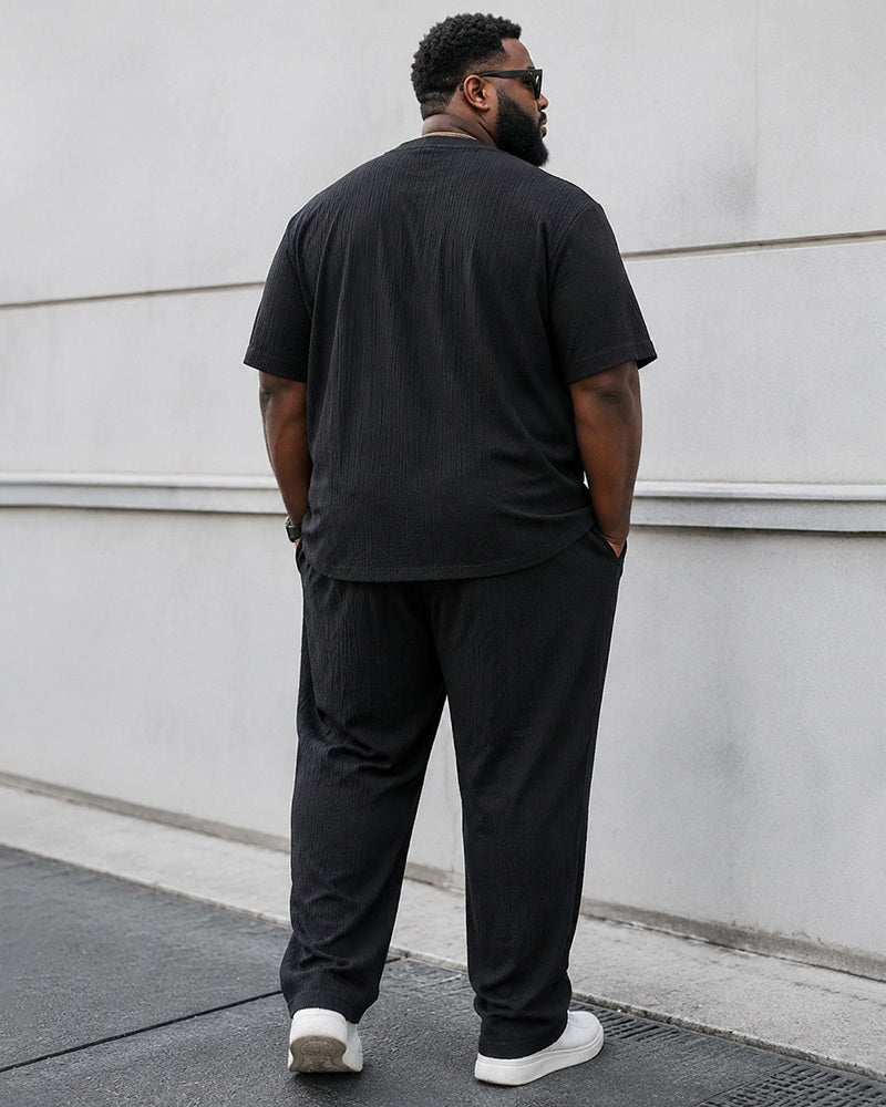 M-4XL Pleated Texture Henley Carriage Embroidered Short Sleeve Pants Set