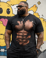 Big & Tall Men's Black Torn Chest Hair Eight Pack Abs Fun Printed Crew Neck Short Sleeve T-shirt