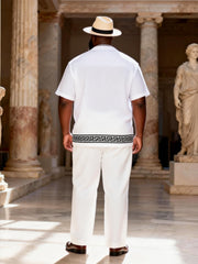 Big & Tall Men's White And Black Greek Printed Short Sleeve Shirt Trousers Set