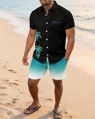 Big & Tall Men's Black Background Green Coconut Gradient Printed Short Sleeve Shirt Shorts Set