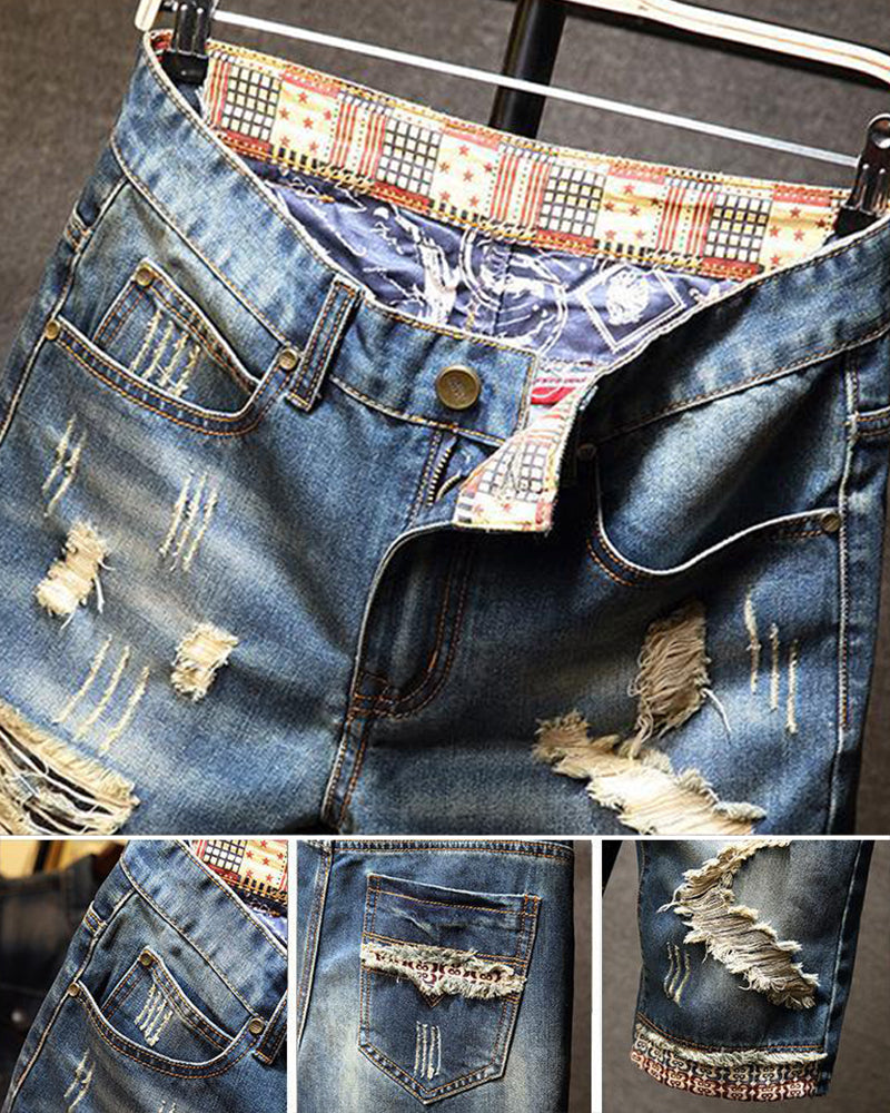 28-48 Size Irregular Distressed Flanged Denim Cropped Shorts