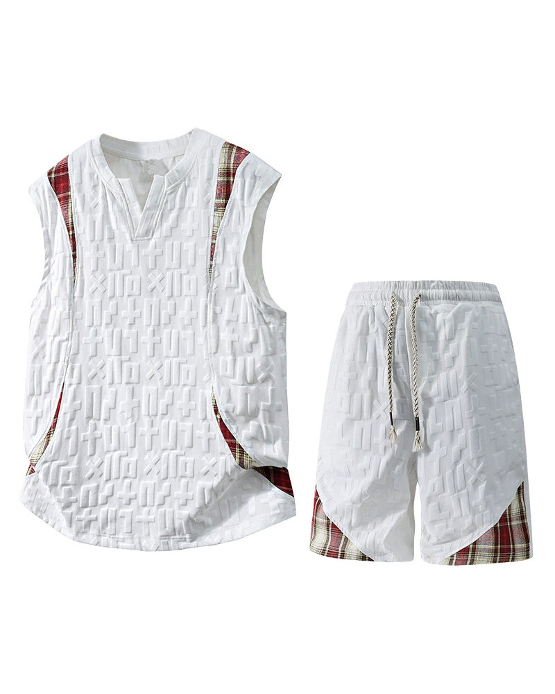 L-9XL Casual Sports Letters Jacquard Patchwork Plaid Vest Shorts Set